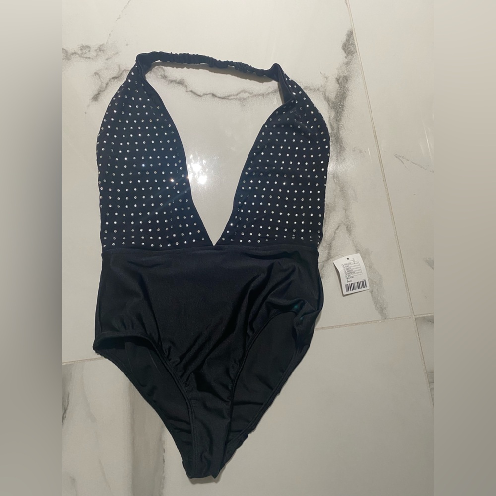 Black Halter bodysuit with crystals